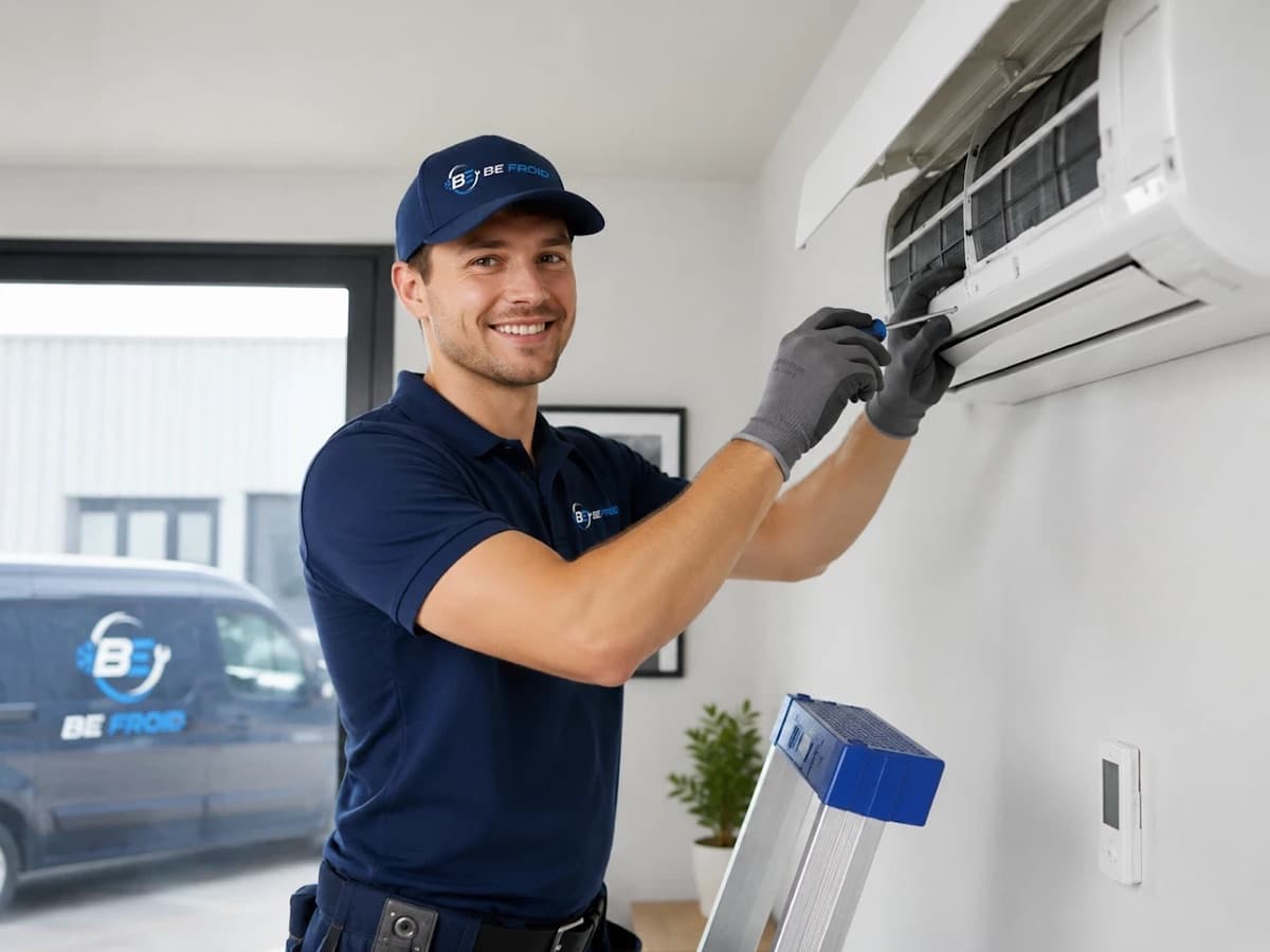 Technicien BE Froid souriant, casquette et polo de l'entreprise, intervenant sur une climatisation murale